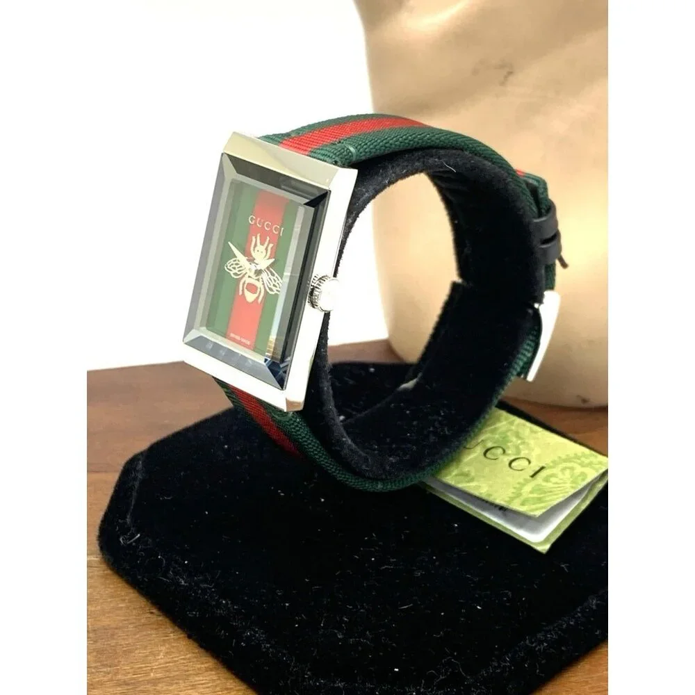 Gucci Women's Watch YA147408 G-Frame Green Red Dial Swiss Quartz Tank Nylon Band